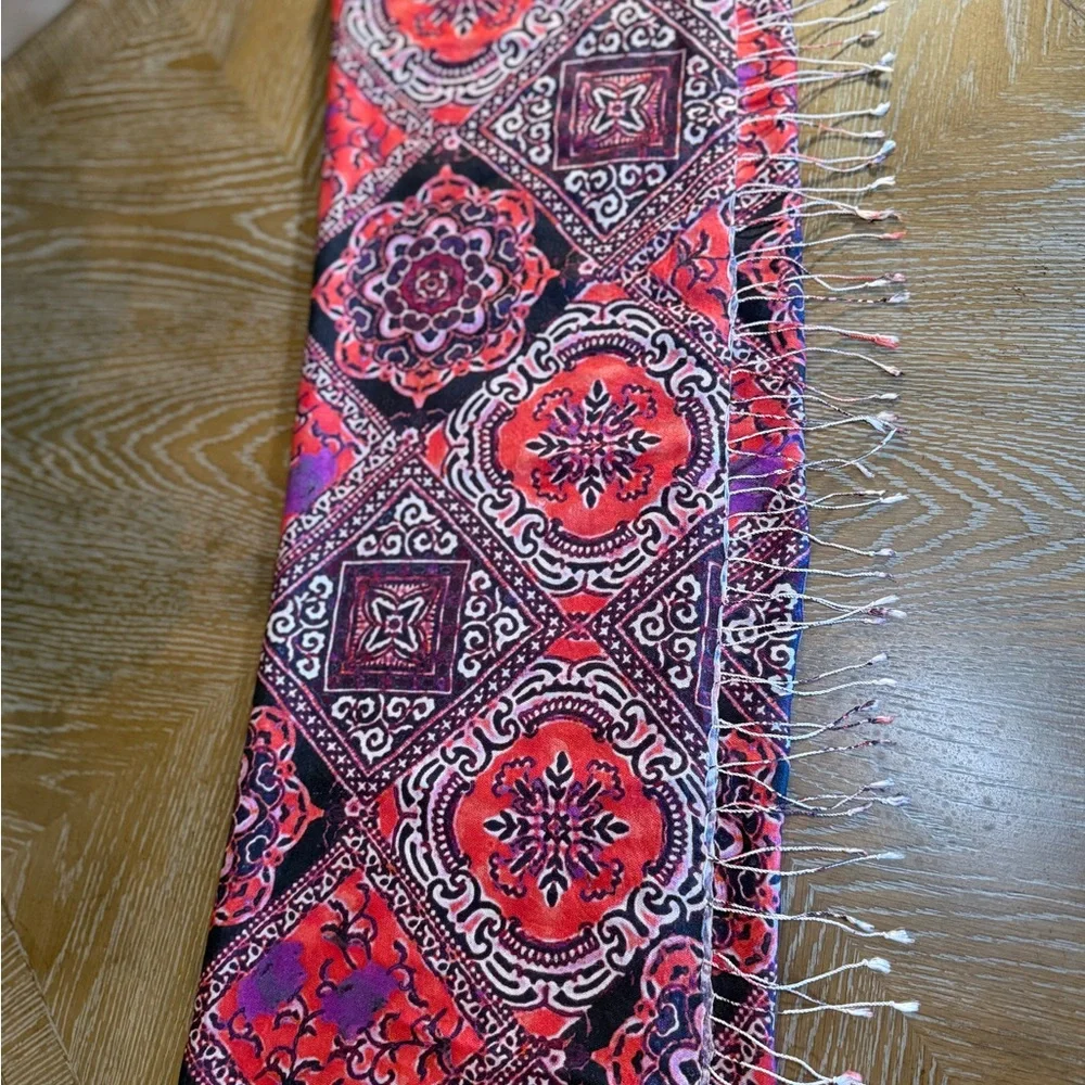 Tolani Silk Scarf in Red and Black with Purple Accents